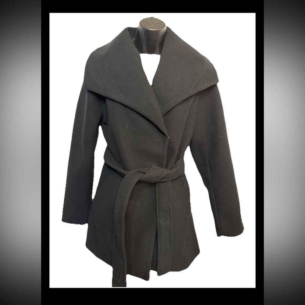 Tahari Womens Coat Wrap Faux Wool Water-Resistant Tie Belt- Black - Small